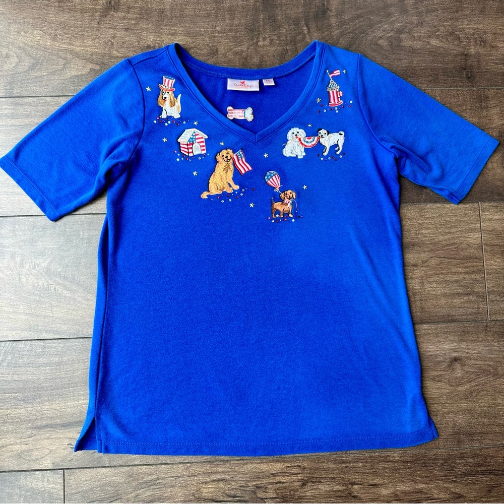 Quacker Factory - Patriotic American USA Dog Blue Top - Size: XXS - Vintage